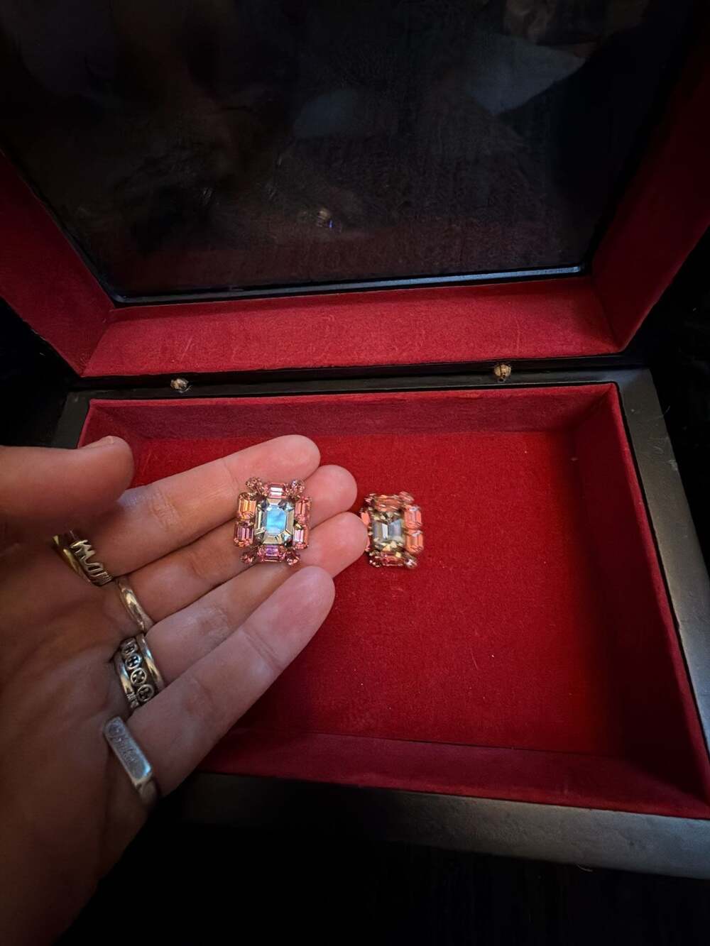 Vintage Kramer Gold Tone Emerald Cut and Pink Crystal Rhinestone Clip-On Earring - Picture 4 of 4